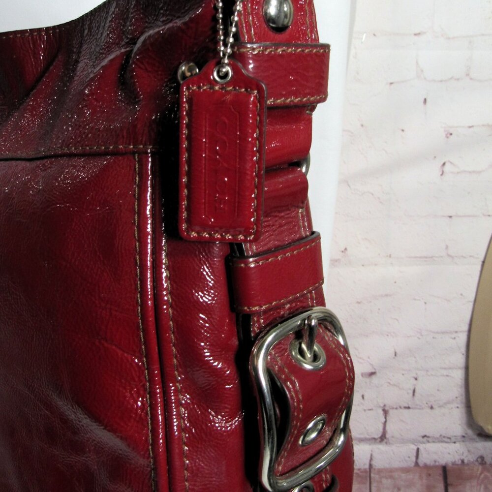 COACH ZOE EDITORIAL BAG XL  12 x 14 x 4 Burgundy Red Patent Leather Shoulder Bag - Picture 5 of 11
